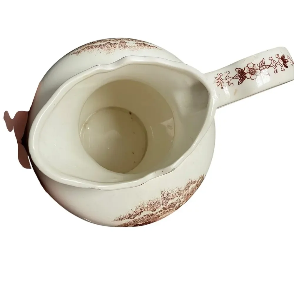 Brown Transferware Ironstone Pitcher & Plate Pastoral Vintage Small FLAWED